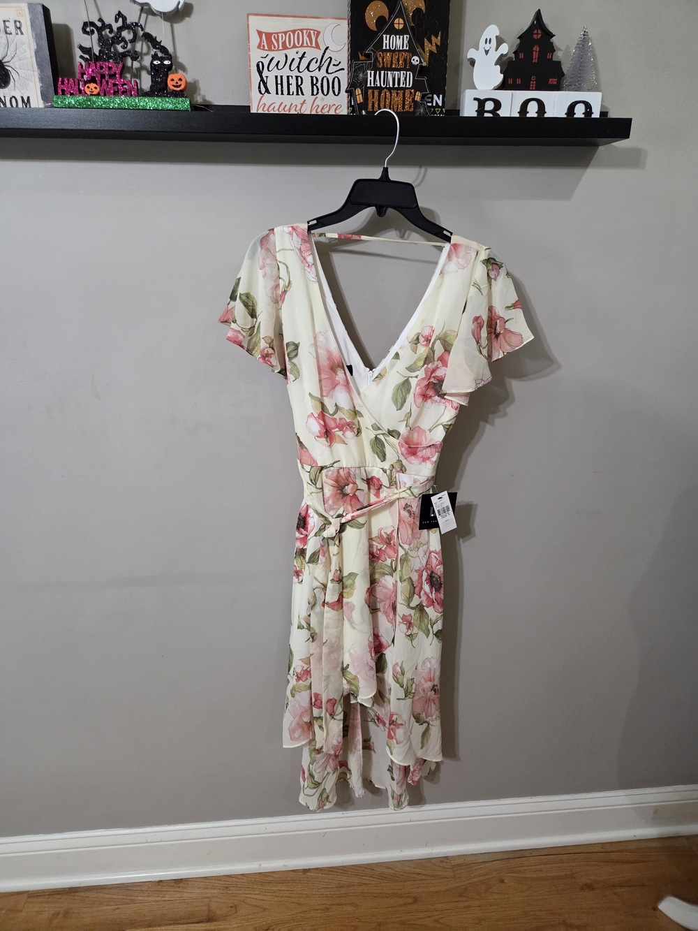 I.N. San Francisco Cream/yellow Floral High-Low Wrap Dress with Pink Roses